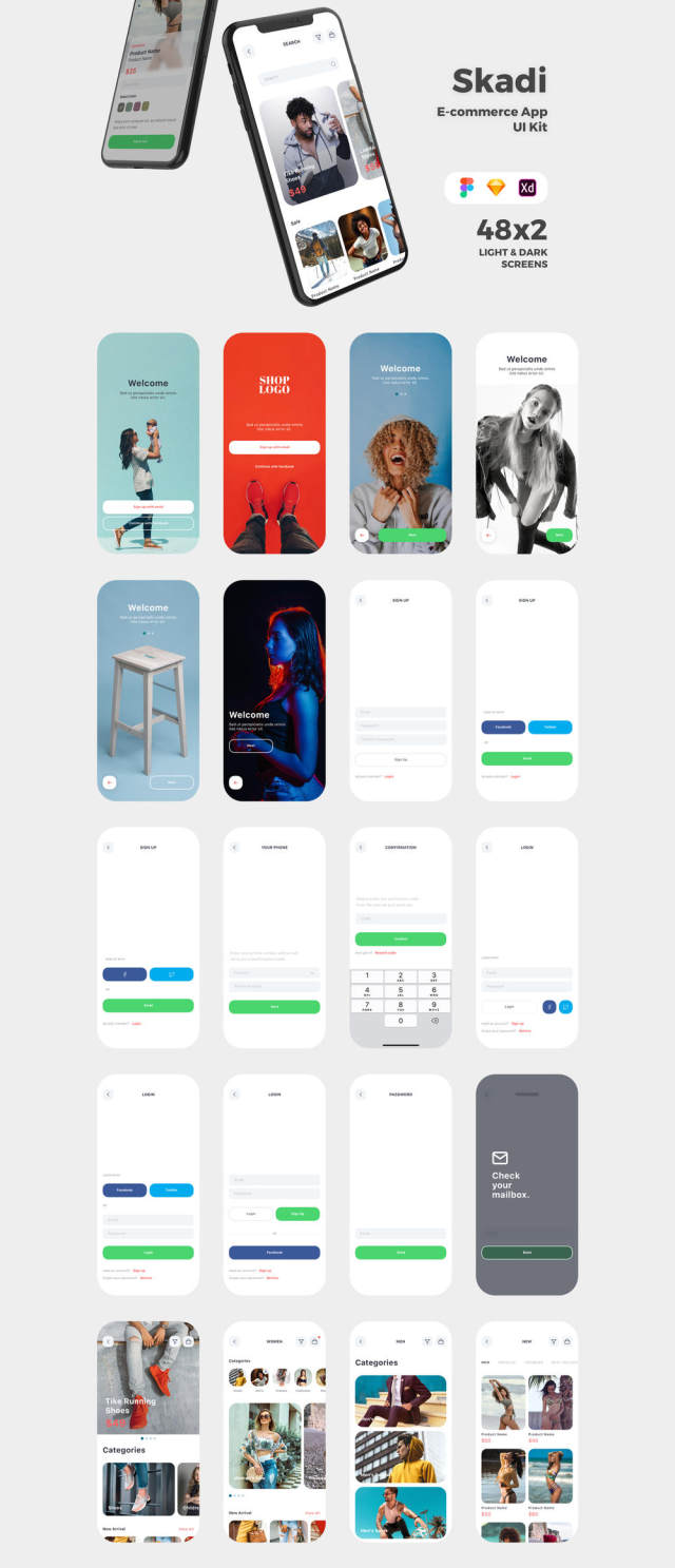高品质的模板设计草图，Adobe公司的XD和FIGMA电子商务的移动应用程序，丝卡蒂电子商务应用UI工具包