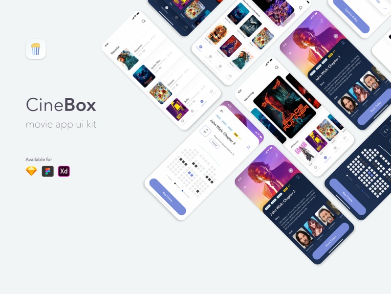 CineBox Movie App UI工具包，使用Sketch，XD和Figma，CineBox Movie App UI UX Kit设计