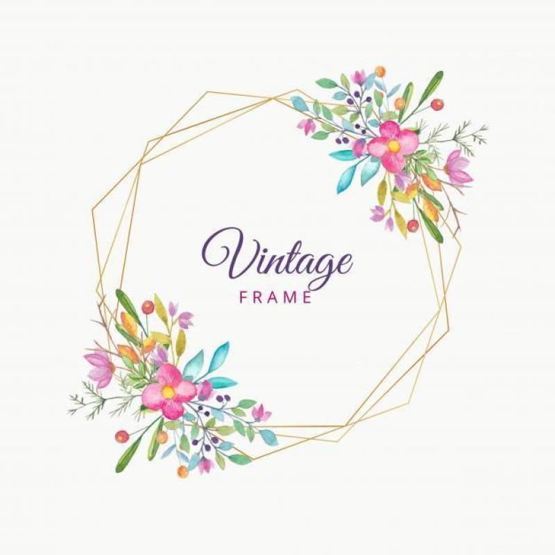 Watercolor floral vintage frame with gold border