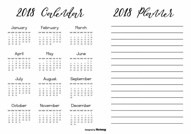 黑色和白色简单可打印的2018年日历与规划师