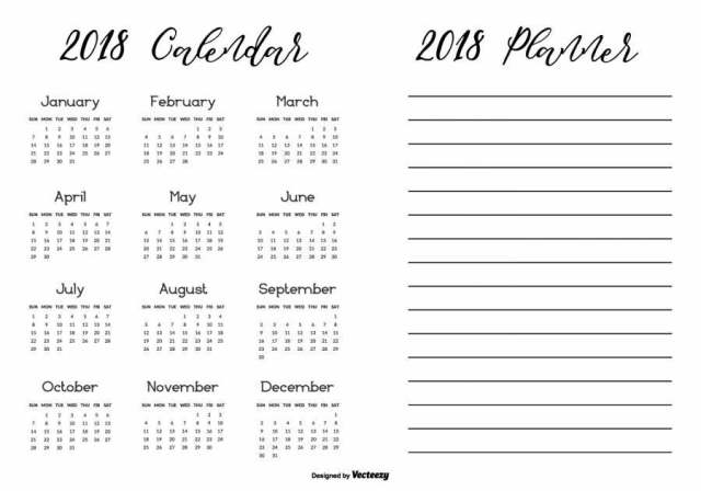 黑色和白色简单可打印的2018年日历与规划师