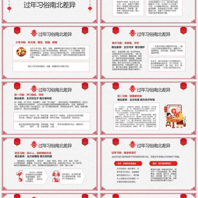 红色喜庆剪纸风中国传统节日春节南北方不同习俗主题班会PPT模板