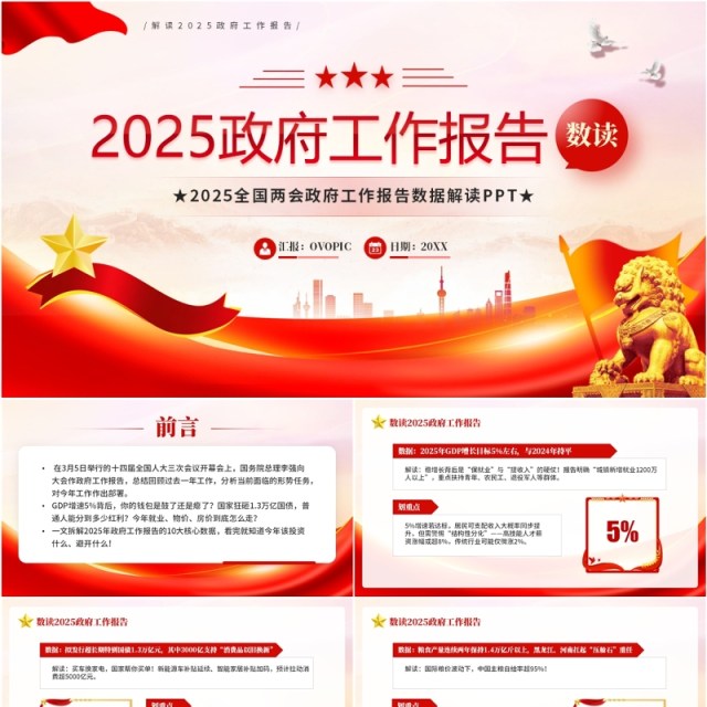 红色简约风数读2025政府工作报告PPT模板(1)