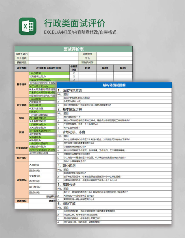 行政类面试评价表excel模板