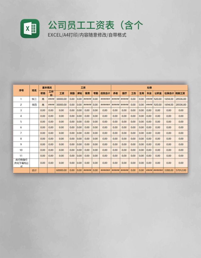 公司员工工资表(含个人台帐)Excel模板 公司员工工资表(含个人台帐)Excel模板