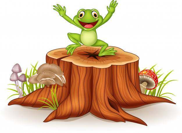 跳跃在树桩的动画片愉快的青蛙