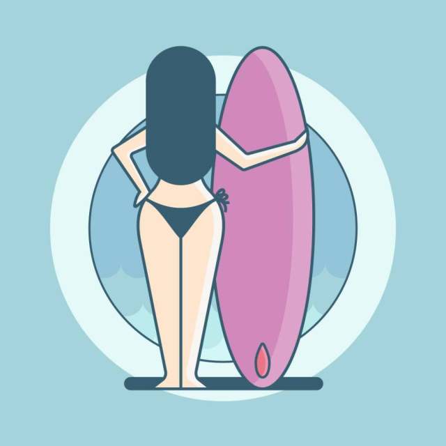 海滩流浪汉和冲浪板标志插画的女孩。 海滩流浪汉和冲浪板标志插画的女孩。