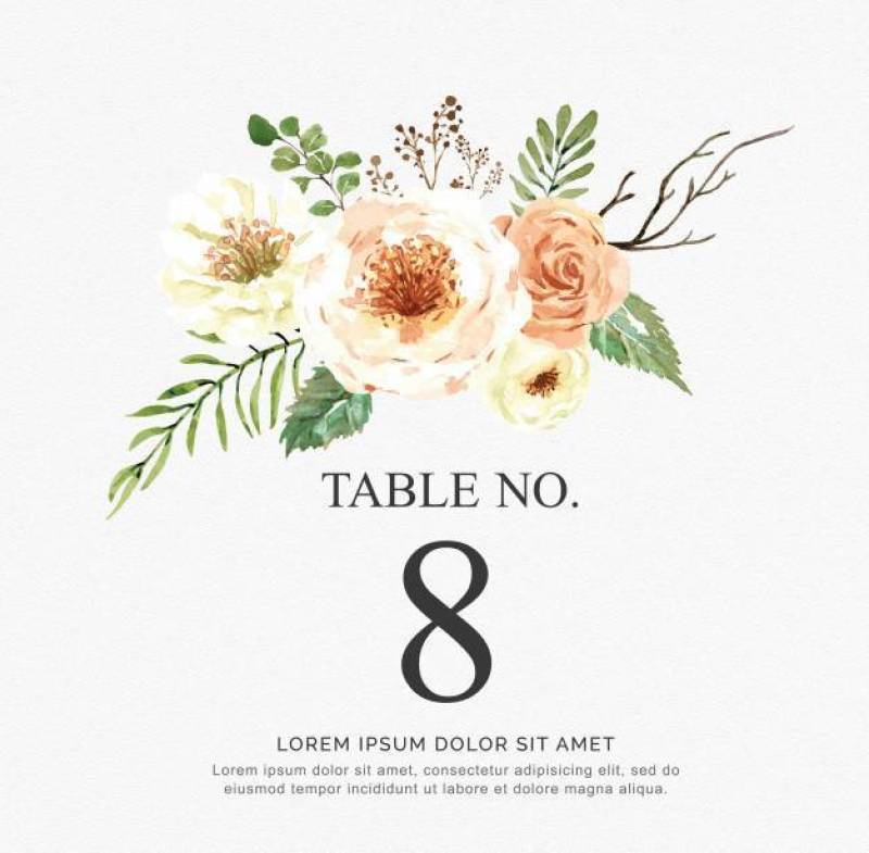 Beautiful watercolor vector invitation with flowers and branch. Table numbers for wedding.
