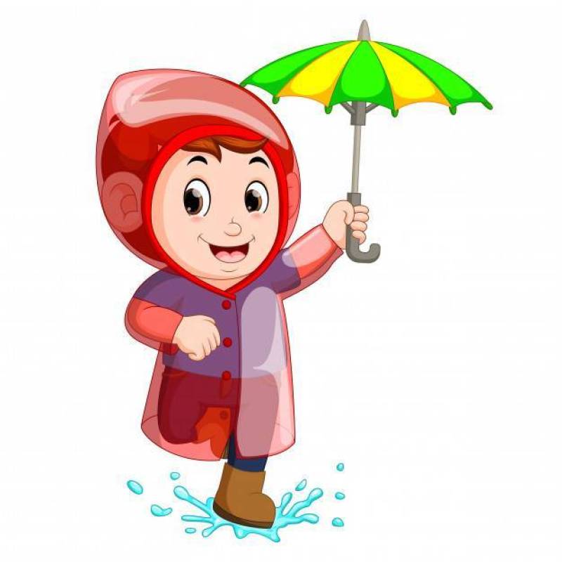 小男孩穿雨衣和拿着伞