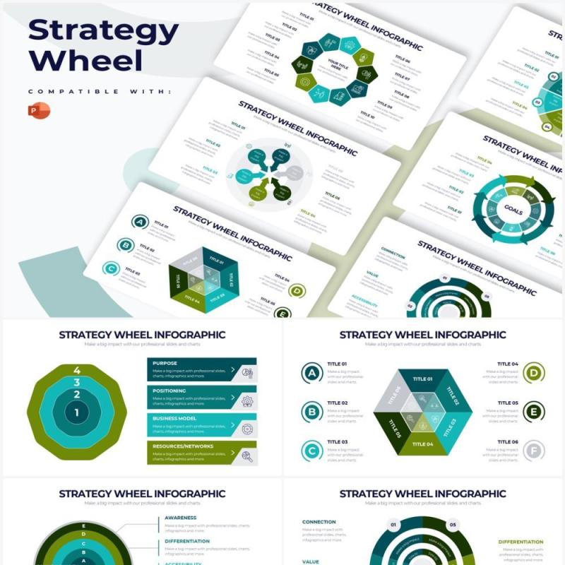 墨绿色圆形战略车轮PPT信息图形素材Strategy Wheel Powerpoint Infographics