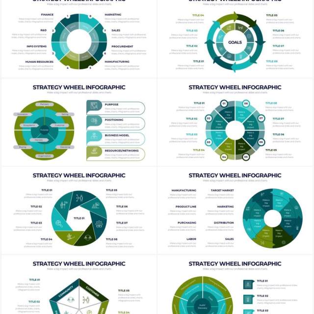 墨绿色圆形战略车轮PPT信息图形素材Strategy Wheel Powerpoint Infographics