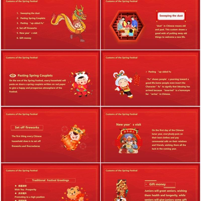 红色国潮虎年吉祥春节英语介绍PPT模板