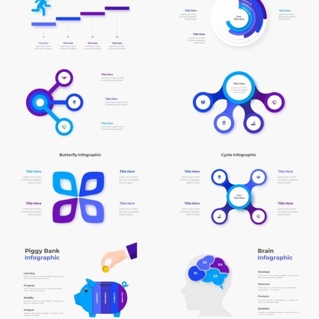 蓝色圆形结构图并列关系信息图表PPT元素素材Infographic Blue