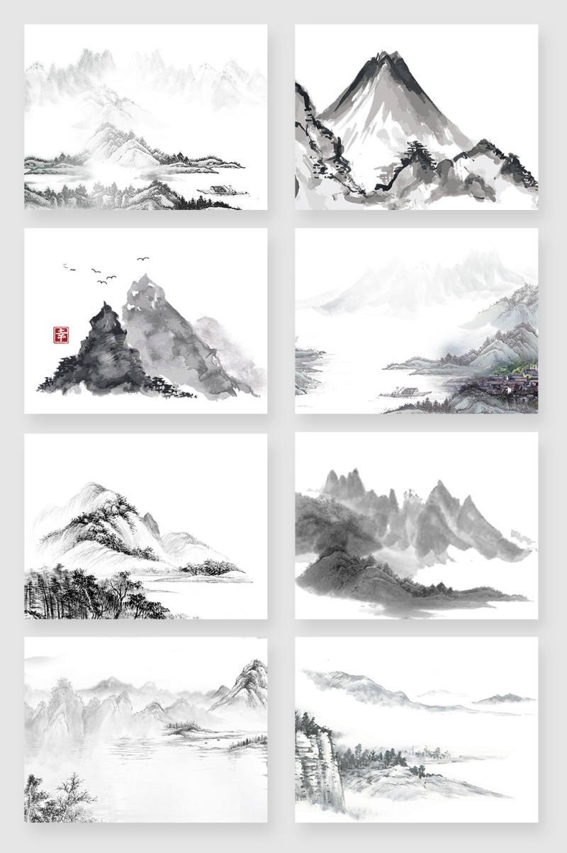 黑白中国风山水水墨画素材