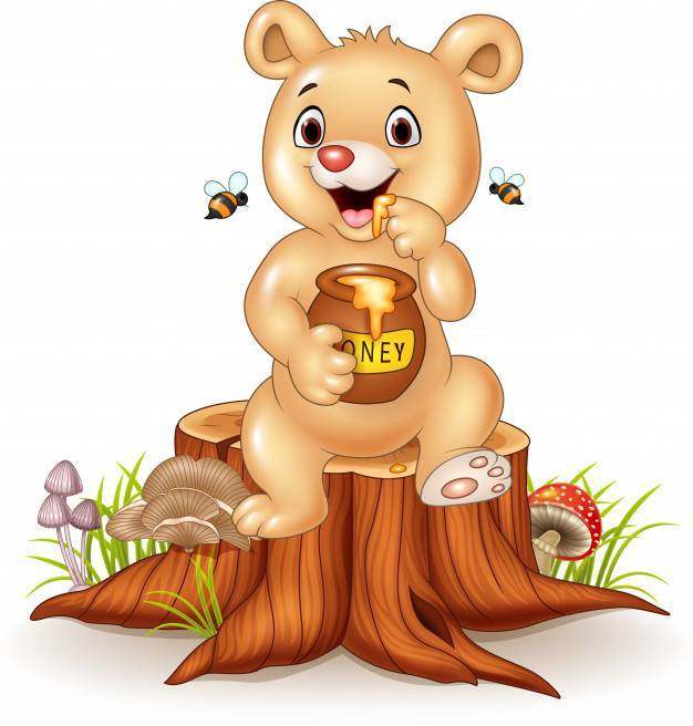 拿着在树桩的动画片滑稽的婴孩熊蜂蜜罐