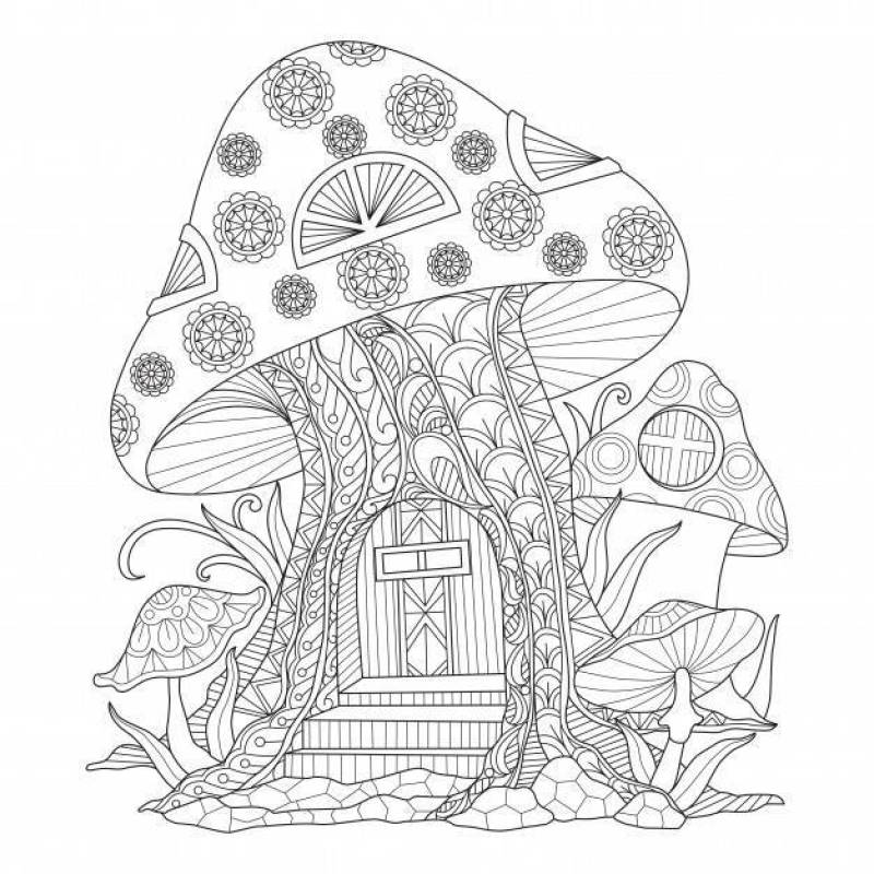 手绘插画的蘑菇房子在zentangle风格