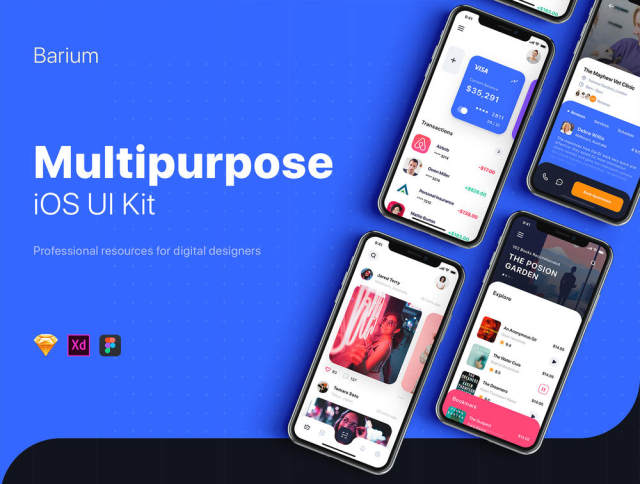 多用途的iOS UI套件素描，XD和FIGMA，钡UI工具包