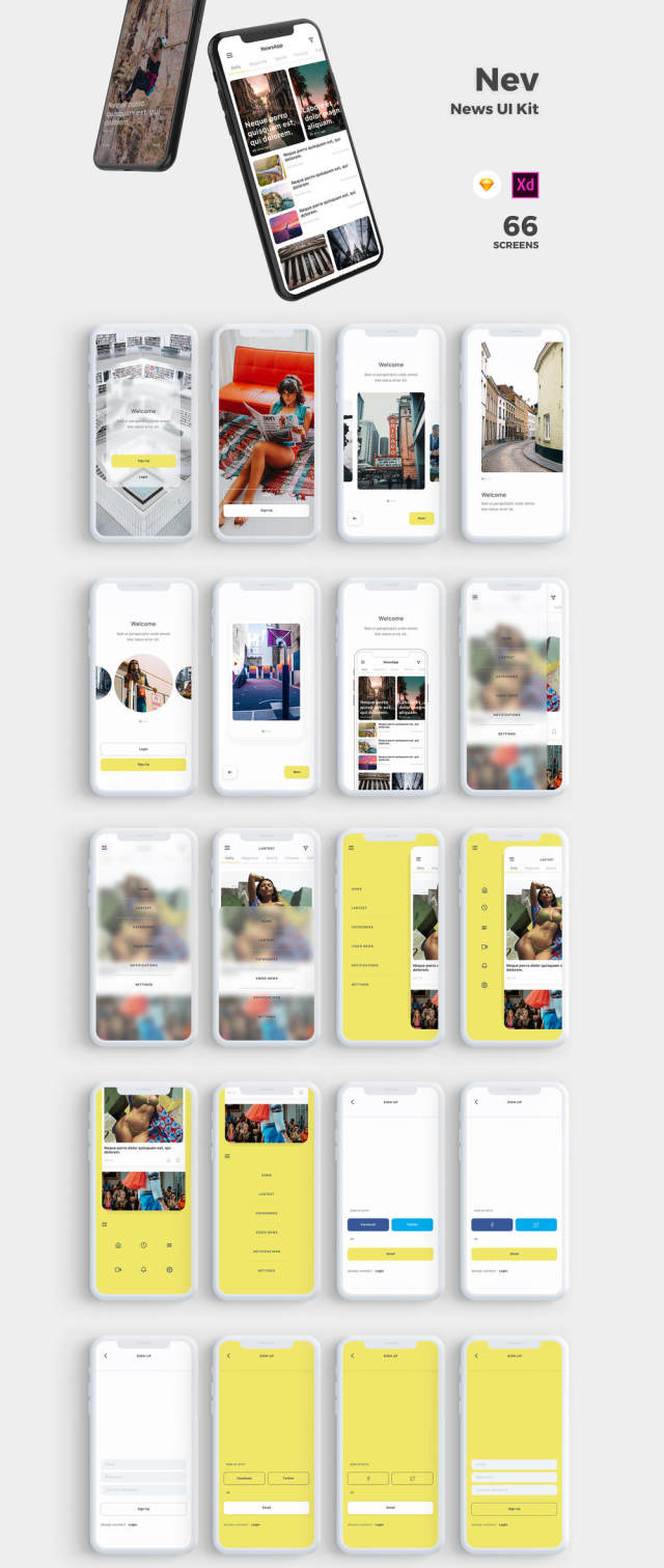 为Sketch和Adobe XD设计的高质量新闻应用UI工具包，Nev - 新闻应用UI工具包