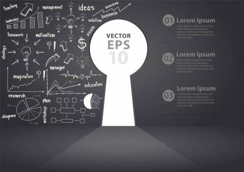 Vector opened wall in form of a keyhole with drawing business plan