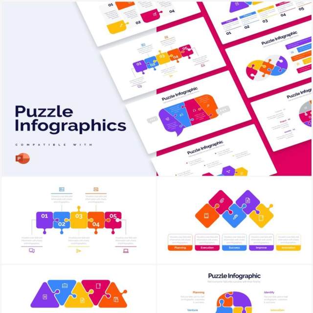 彩色创意拼图PPT信息图形素材Puzzle Powerpoint Infographics