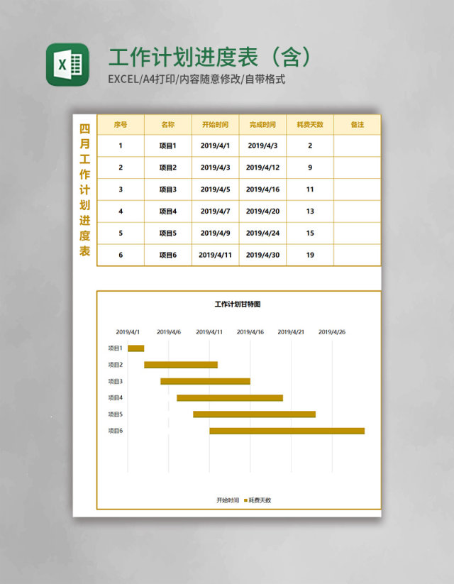 工作计划进度表（含甘特图）Excel模板