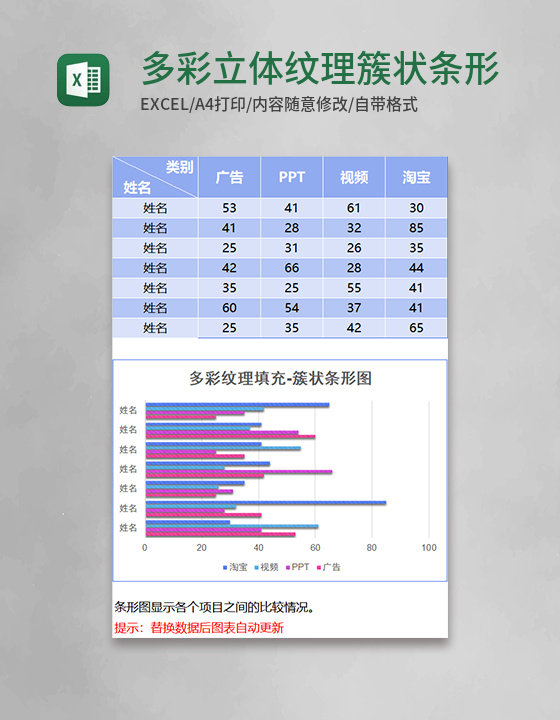 多彩立体纹理簇状条形图excel模板