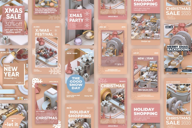 31款3D模型工厂风格圣诞节故事新年快乐PSD设计素材Christmas Stories