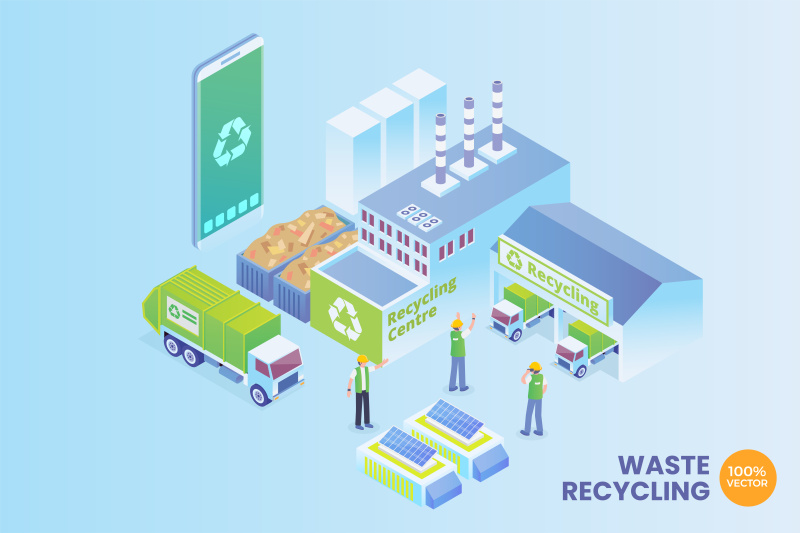 2.5D等距智能废物回收矢量插画AI素材场景概念Isometric Smart Waste Recycling Vector Concept