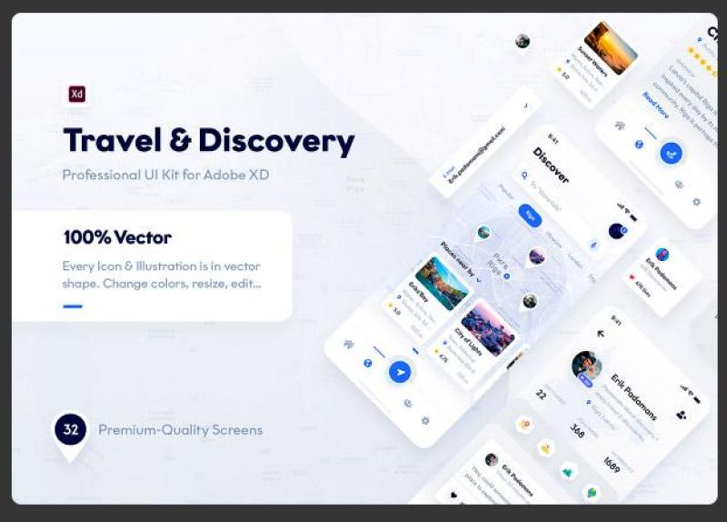 适用于Adobe XD的旅行和探索用户界面工具包Travel & Discovery UI Kit for Adobe XD