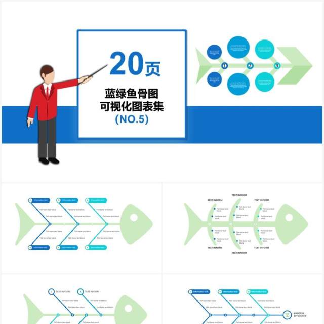 蓝绿色20页鱼骨图可视化图表集PPT模板