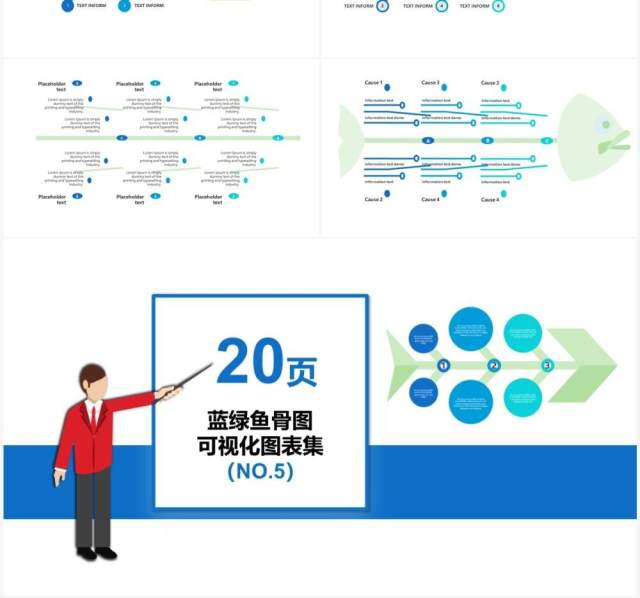 蓝绿色20页鱼骨图可视化图表集PPT模板