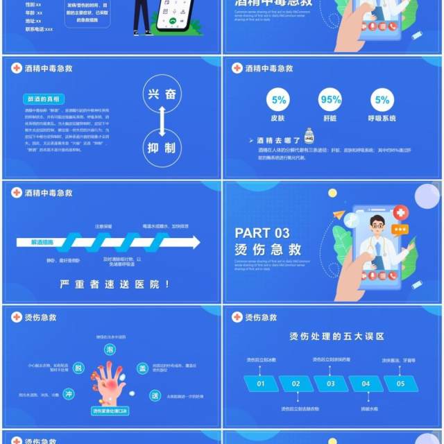 蓝色扁平化日常急救知识培训动态PPT模板