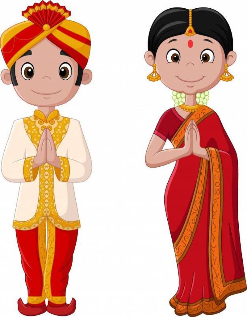 卡通印度情侣穿着传统服饰