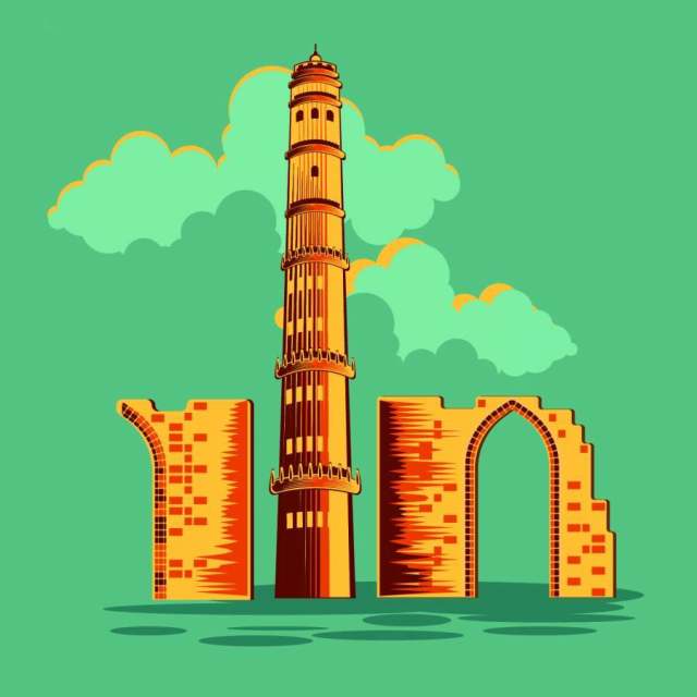 Qutub Minar在德里与葡萄酒或复古风格的矢量图 Qutub Minar在德里与葡萄酒或复古风格的矢量图