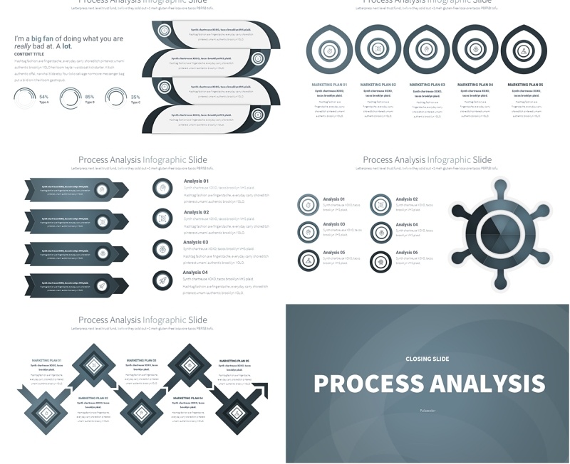 灰蓝色流程过程分析PPT模板素材Process Analysis - Color 04 (Blue Grey)