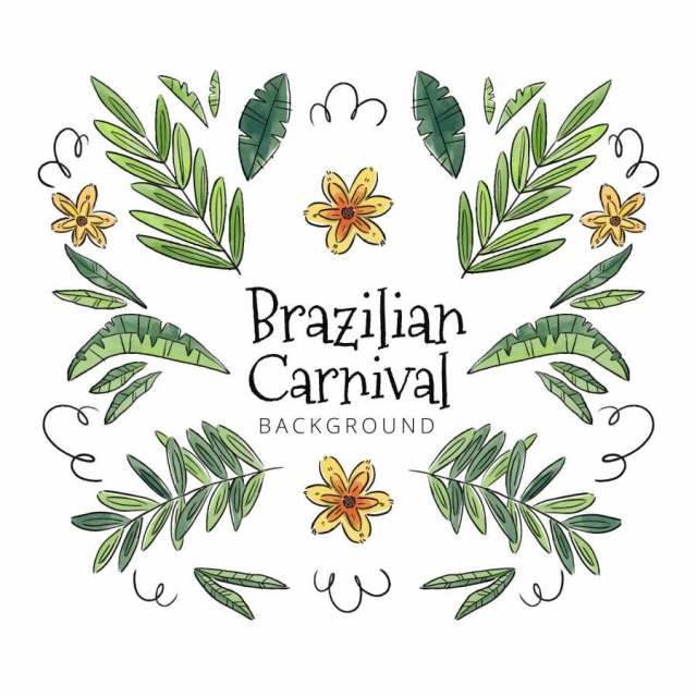 与叶子和花的可爱热带背景到巴西狂欢节