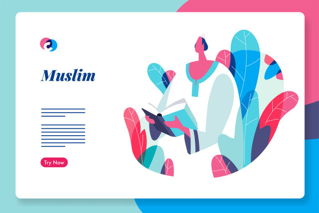 穆斯林人英雄插画网页模板EPS素材Muslim people web hero illustration template