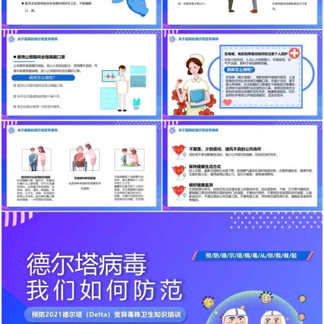 紫色卡通风德尔塔变异毒株预防知识培训PPT模板