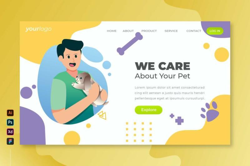 我们关心您的宠物矢量插画登录页UI界面AI设计we care your pet vector landing page V2