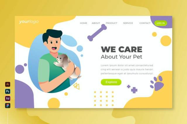 我们关心您的宠物矢量插画登录页UI界面AI设计we care your pet vector landing page V2