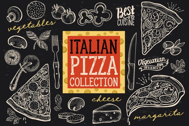 意大利披萨涂鸦元素矢量素材Italian Pizza Doodle Elements