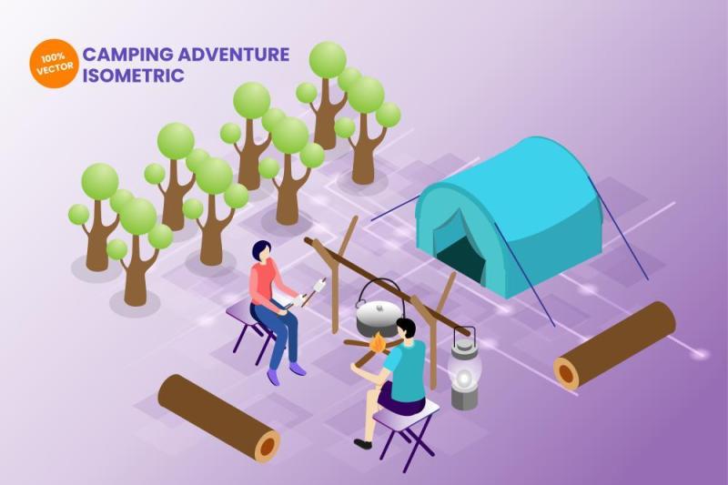 户外野炊探险烧烤AI矢量人物插画2.5D素材isometric outdoor camping adventure vector
