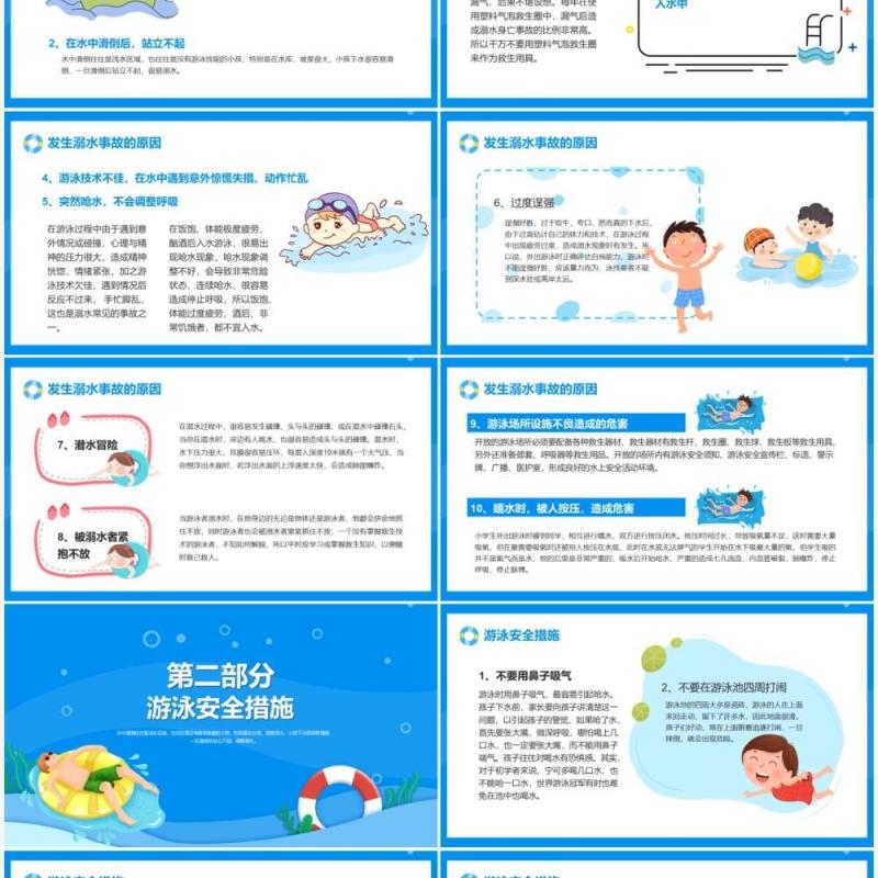 蓝色卡通风珍爱生命预防溺水游泳安全知识讲座PPT模板