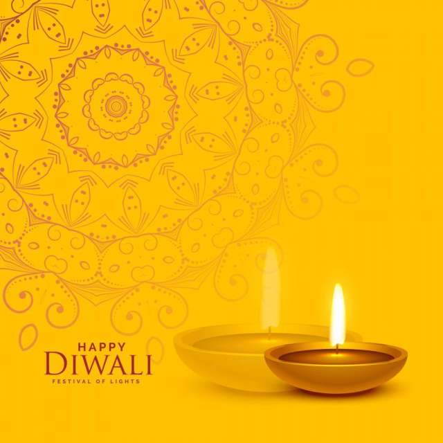 与diwali diya灯和坛场dec的黄色节日背景 与diwali diya灯和坛场dec的黄色节日背景