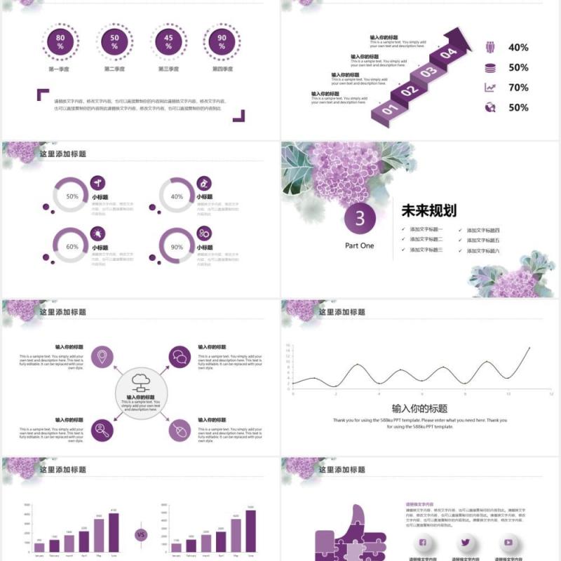 紫色碎花小清新工作汇报述职报告通用PPT模板