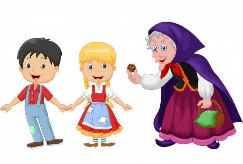 Hansel and Gretel an witch on white background