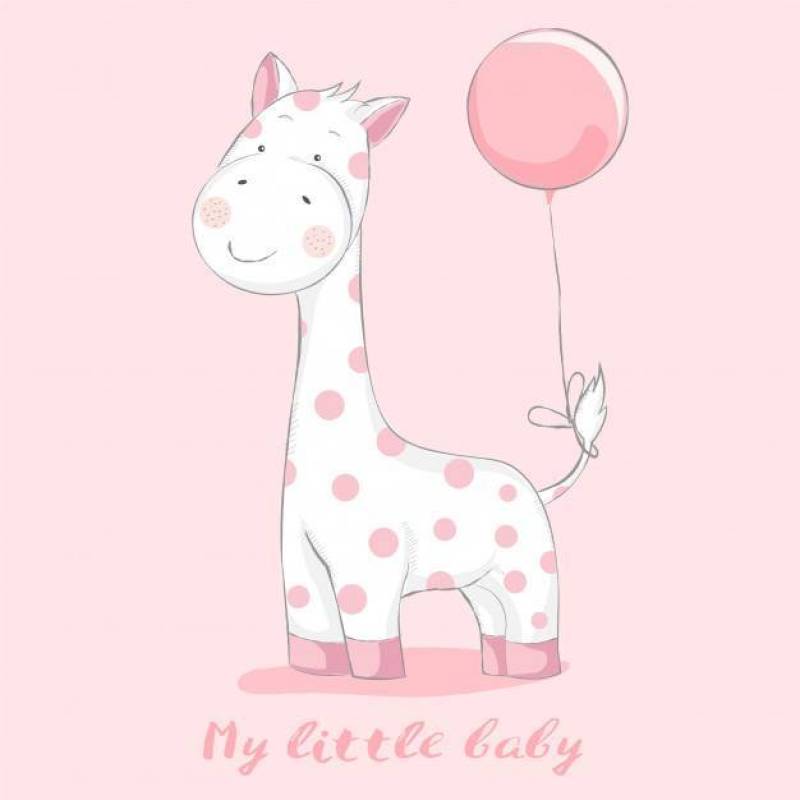 可爱的小宝贝长颈鹿与气球卡通手绘风格