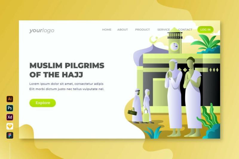 朝觐的穆斯林朝圣者登陆页面UI界面插画设计muslim pilgrims of the hajj vector landing page