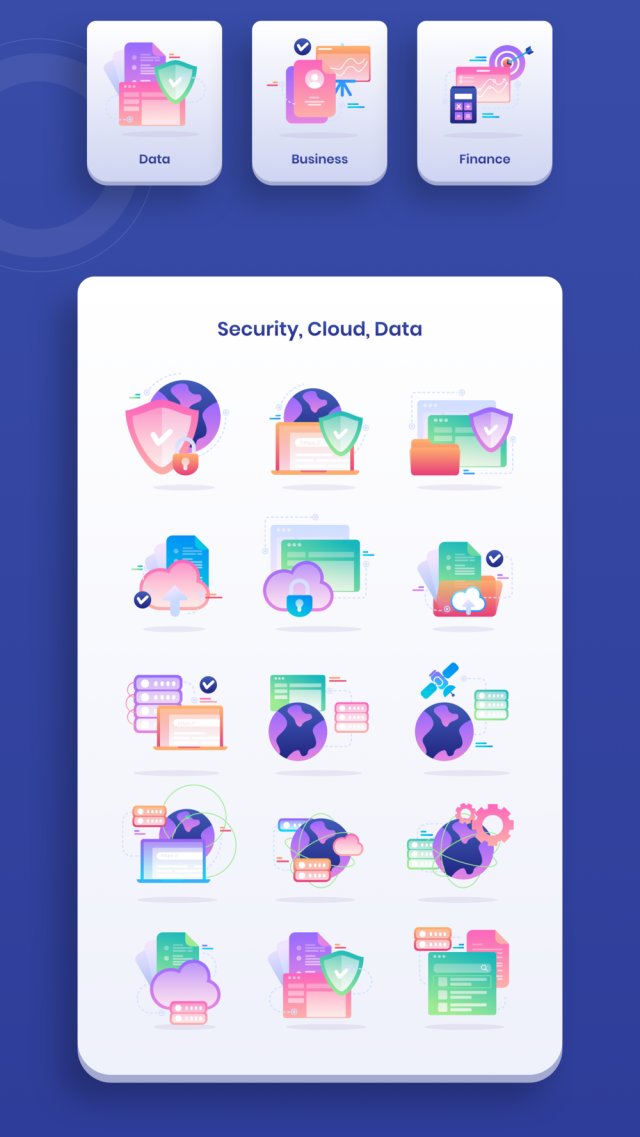 有45个令人敬畏的独特的图标插图与数据安全，财务和业务主题，数字：金融业务数据图