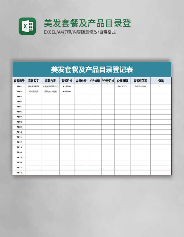 美发套餐及产品目录登记表excel模板